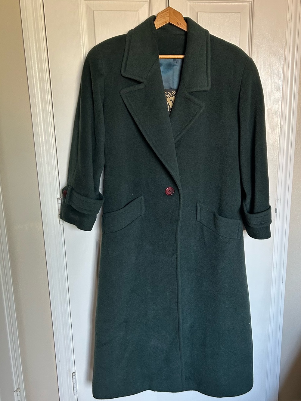 Anne Klein Coats 100% Wool Dark Green Single-Button Long Wool 80’s Vintage